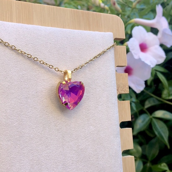 Fuchsia Opal Aurora Borealis + Gold Crystal Heart Drop Pendant Necklace - Picture 4 of 6